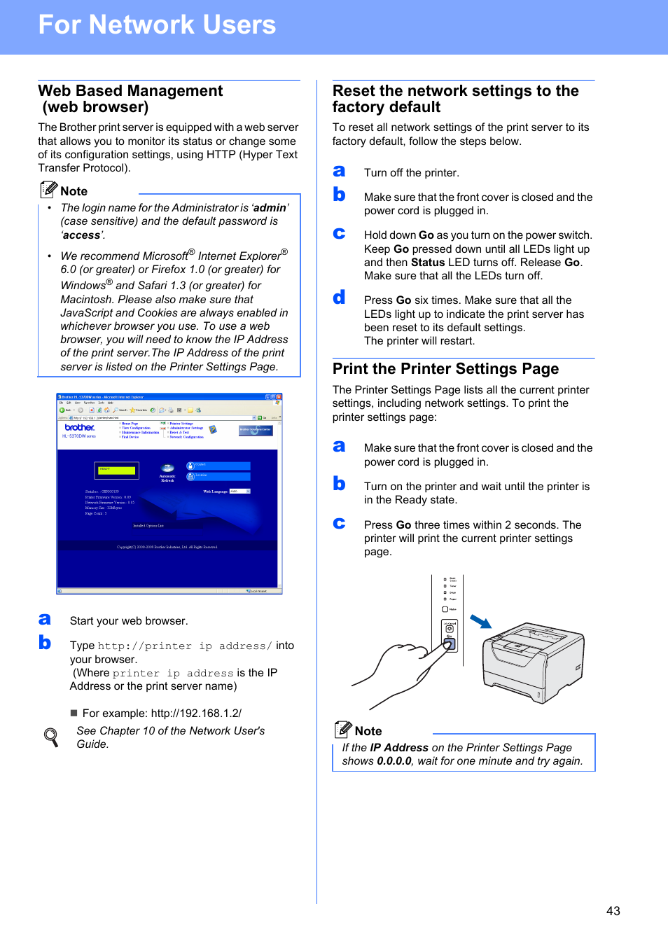 Web based management (web browser), Reset the network settings to the factory default, For network users | Print the printer settings page | Brother HL 5370DW User Manual | Page 43 / 55