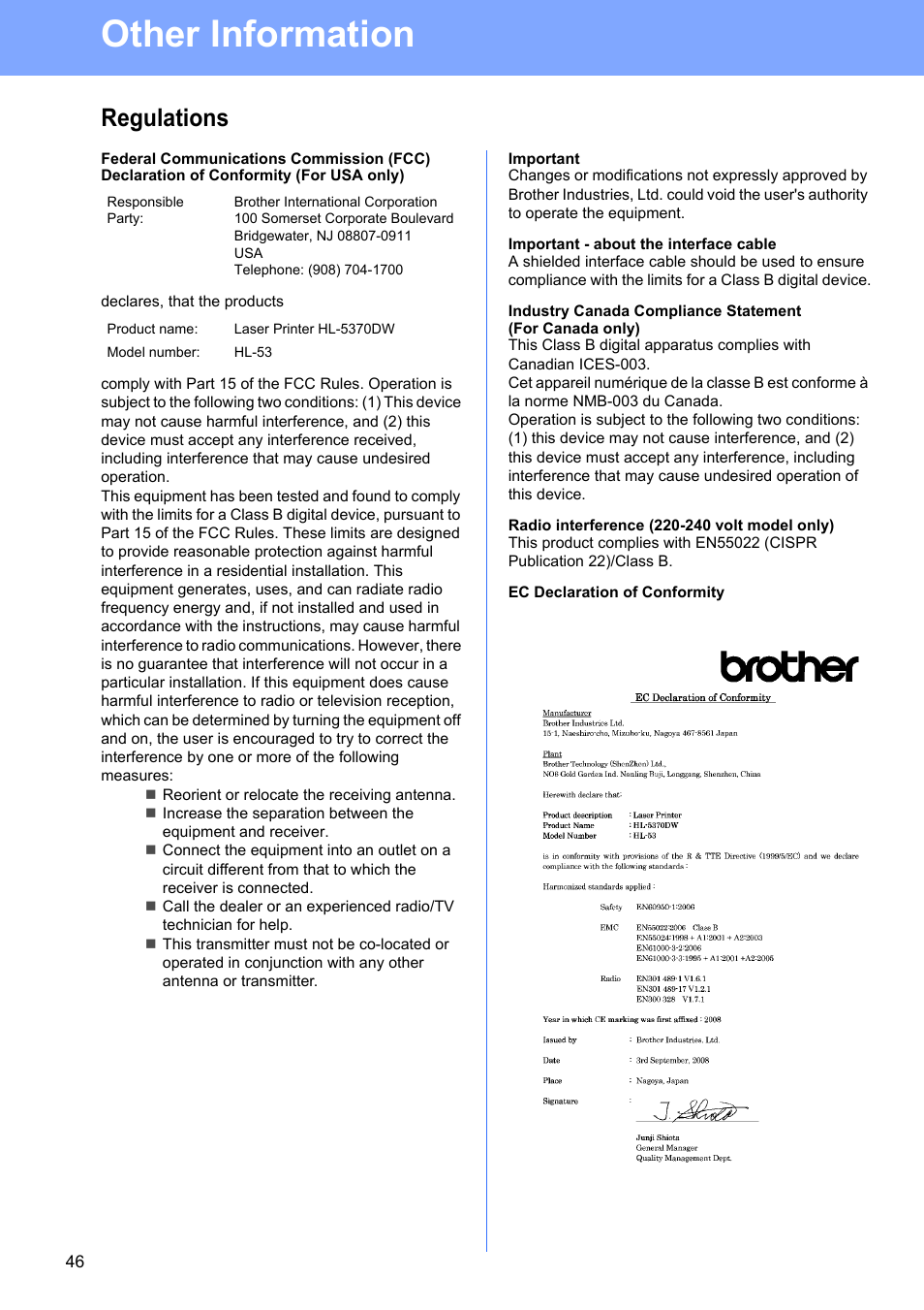 Regulations, Important, Important - about the interface cable | Radio interference (220-240 volt model only), Ec declaration of conformity, Other information | Brother HL 5370DW User Manual | Page 46 / 55