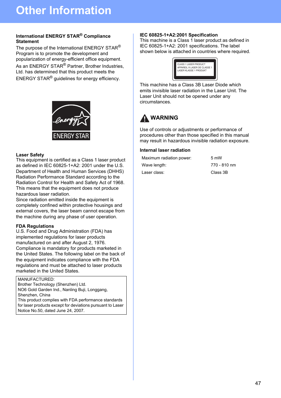 International energy star® compliance statement, Laser safety, Fda regulations | Iec 60825-1+a2:2001 specification, Internal laser radiation, Other information, Warning | Brother HL 5370DW User Manual | Page 47 / 55