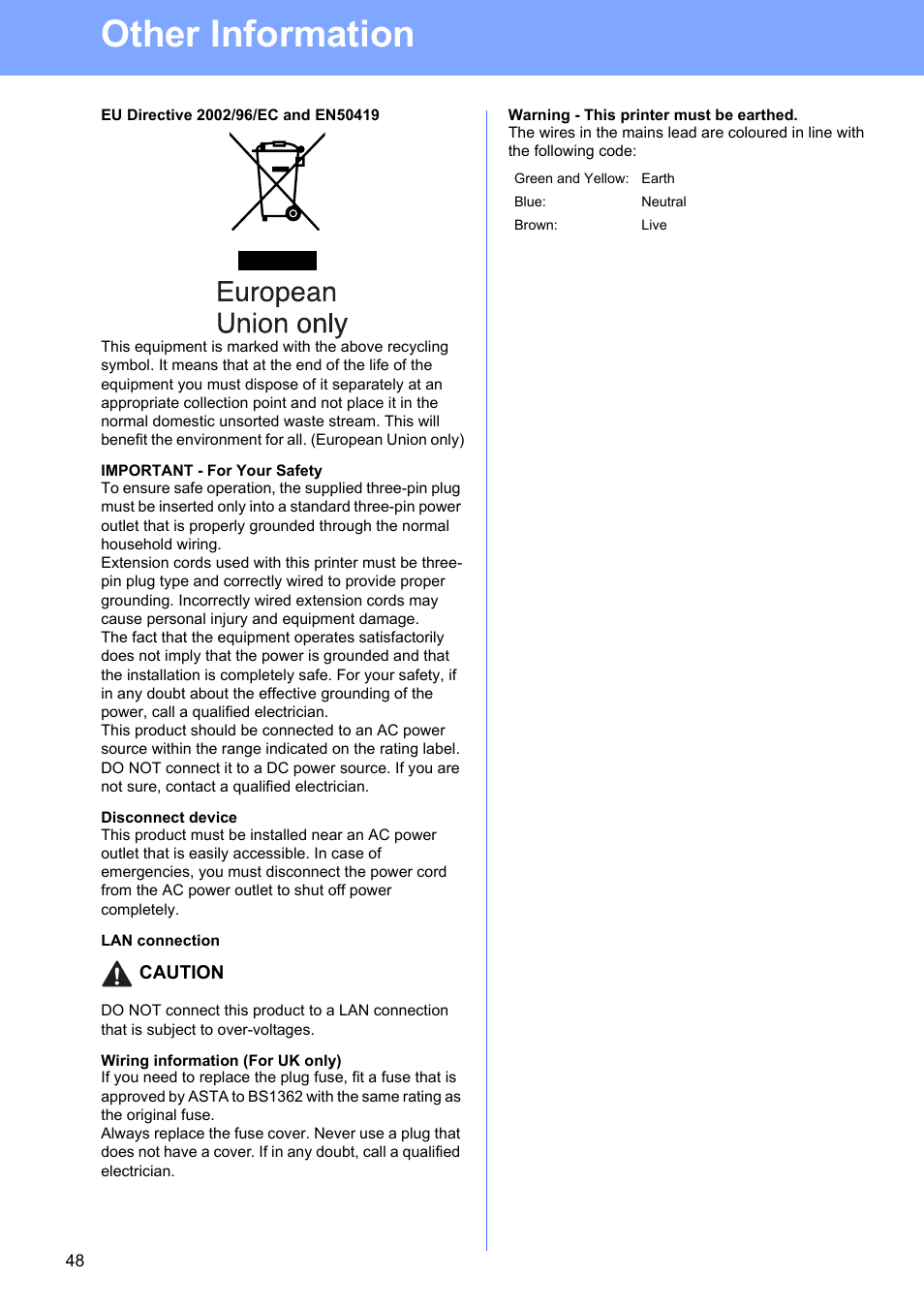 Eu directive 2002/96/ec and en50419, Important - for your safety, Disconnect device | Lan connection, Wiring information (for uk only), Warning - this printer must be earthed, Other information | Brother HL 5370DW User Manual | Page 48 / 55