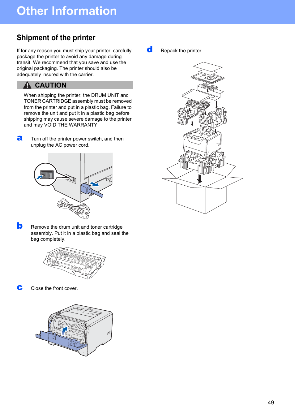 Shipment of the printer, Other information, Caution | Brother HL 5370DW User Manual | Page 49 / 55