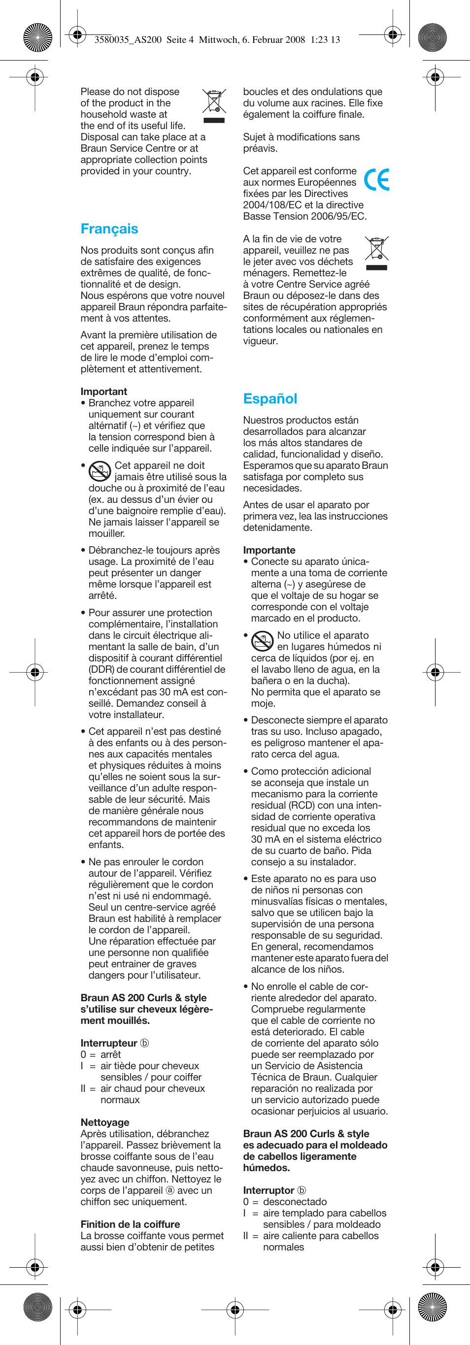 Français, Español | Braun AS200 Curls & Style User Manual | Page 4 / 21
