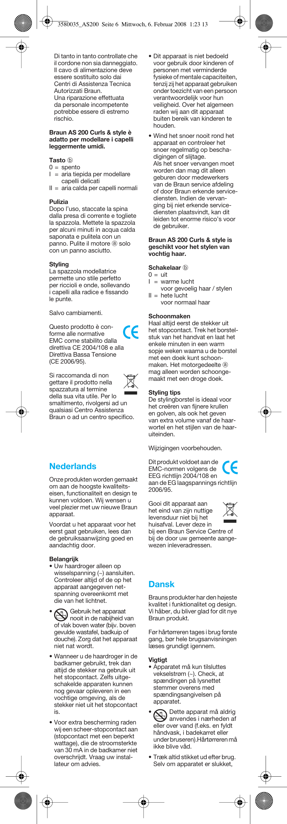 Nederlands, Dansk | Braun AS200 Curls & Style User Manual | Page 6 / 21