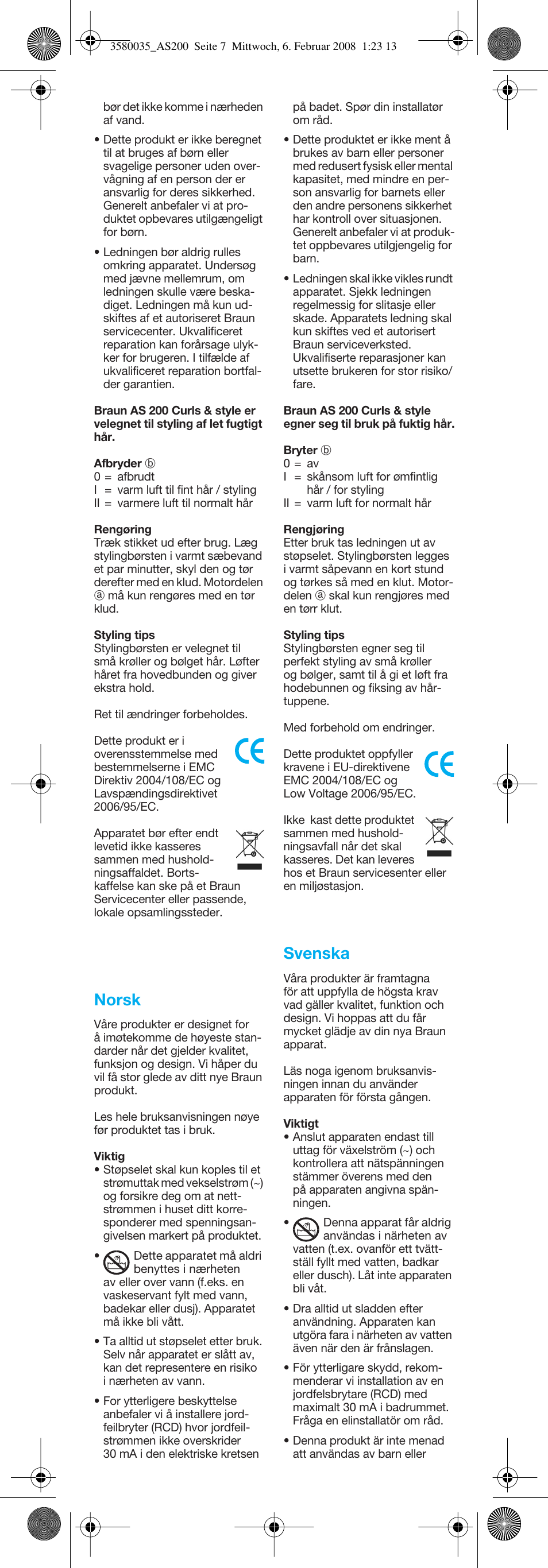 Norsk, Svenska | Braun AS200 Curls & Style User Manual | Page 7 / 21