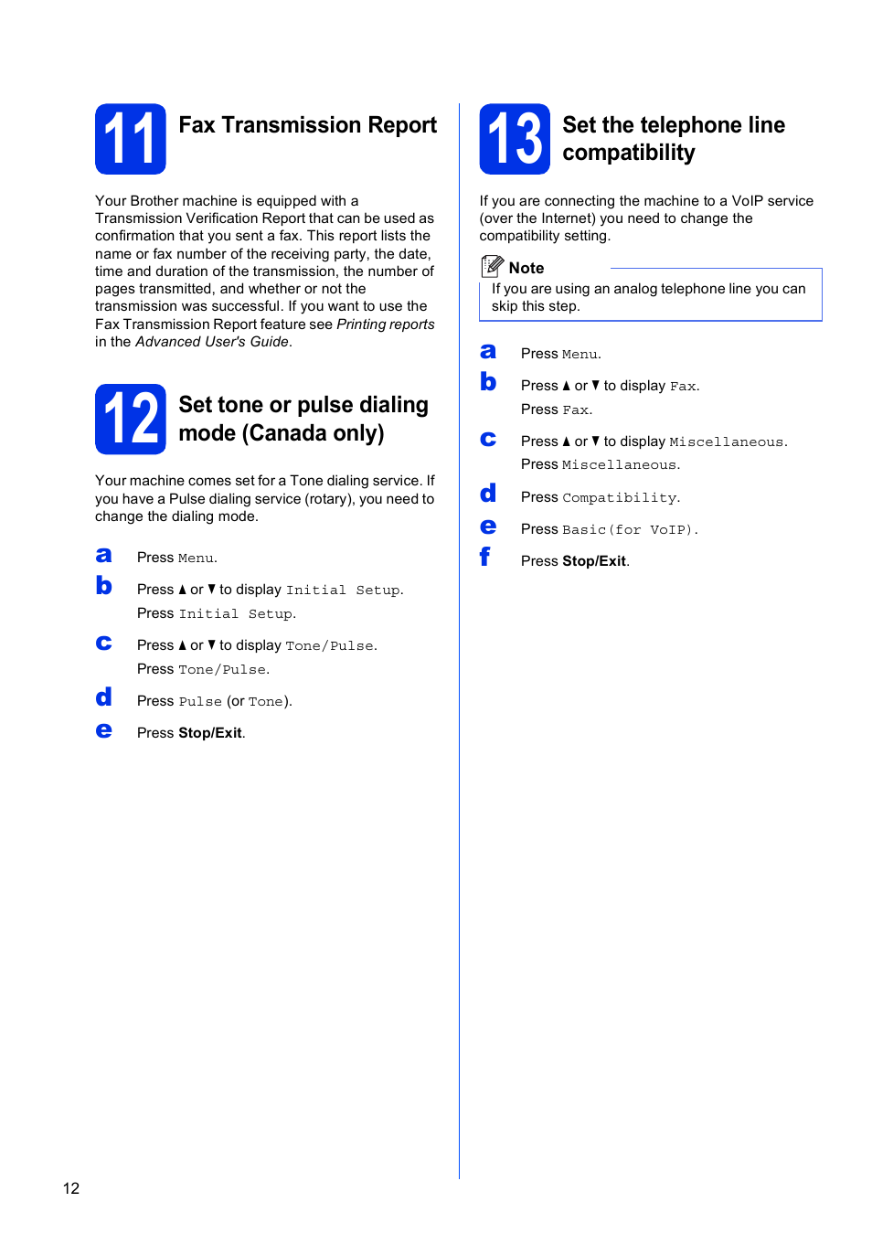 11 fax transmission report, 12 set tone or pulse dialing mode (canada only), 13 set the telephone line compatibility | Brother MFC-8950DWT User Manual | Page 12 / 44