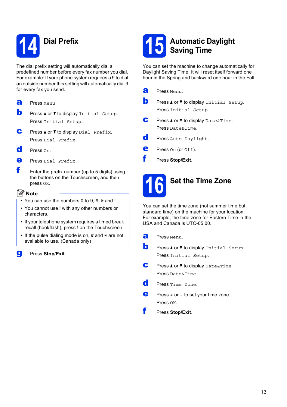 14 dial prefix, 15 automatic daylight saving time, 16 set the time zone | Brother MFC-8950DWT User Manual | Page 13 / 44