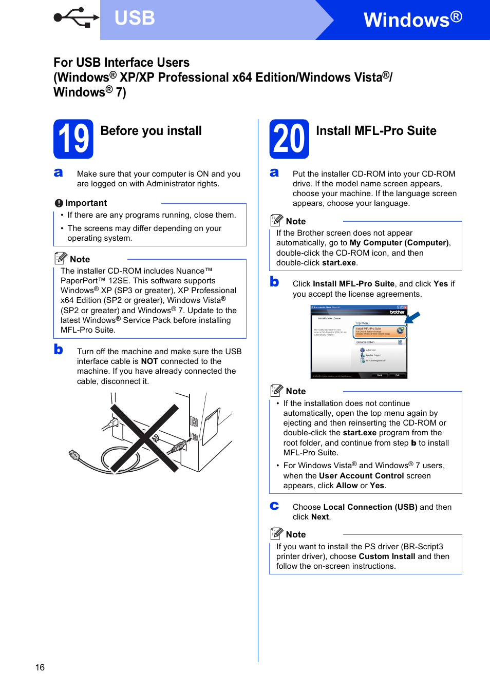 19 before you install, 20 install mfl-pro suite, Windows | For usb interface users (windows, Xp/xp professional x64 edition/windows vista, Before you install, Install mfl-pro suite | Brother MFC-8950DWT User Manual | Page 16 / 44