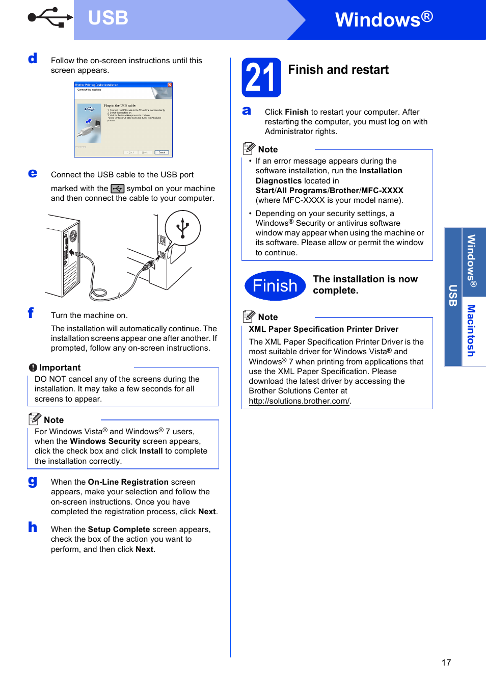 21 finish and restart, Windows, Finish | Finish and restart | Brother MFC-8950DWT User Manual | Page 17 / 44