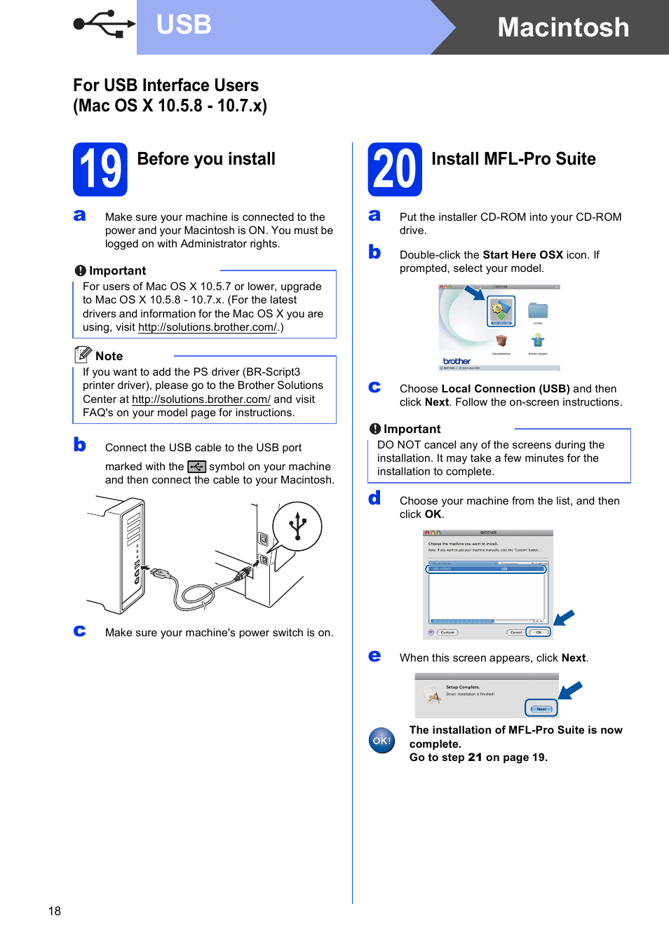 For usb interface users (mac os x 10.5.8 - 10.7.x), 19 before you install, 20 install mfl-pro suite | Macintosh usb | Brother MFC-8950DWT User Manual | Page 18 / 44