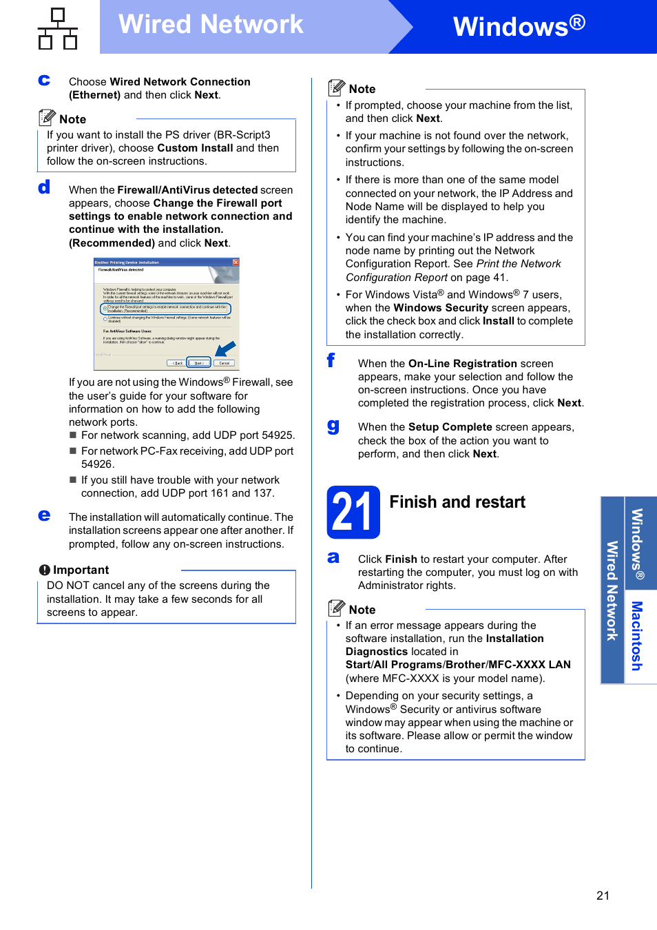 21 finish and restart, Windows, Wired network | Finish and restart | Brother MFC-8950DWT User Manual | Page 21 / 44