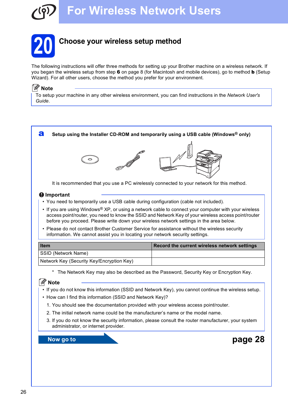 20 choose your wireless setup method, For wireless network users, Page 28 | Choose your wireless setup method | Brother MFC-8950DWT User Manual | Page 26 / 44