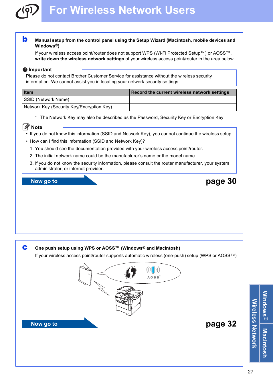 For wireless network users, Page 30, Page 32 | Brother MFC-8950DWT User Manual | Page 27 / 44