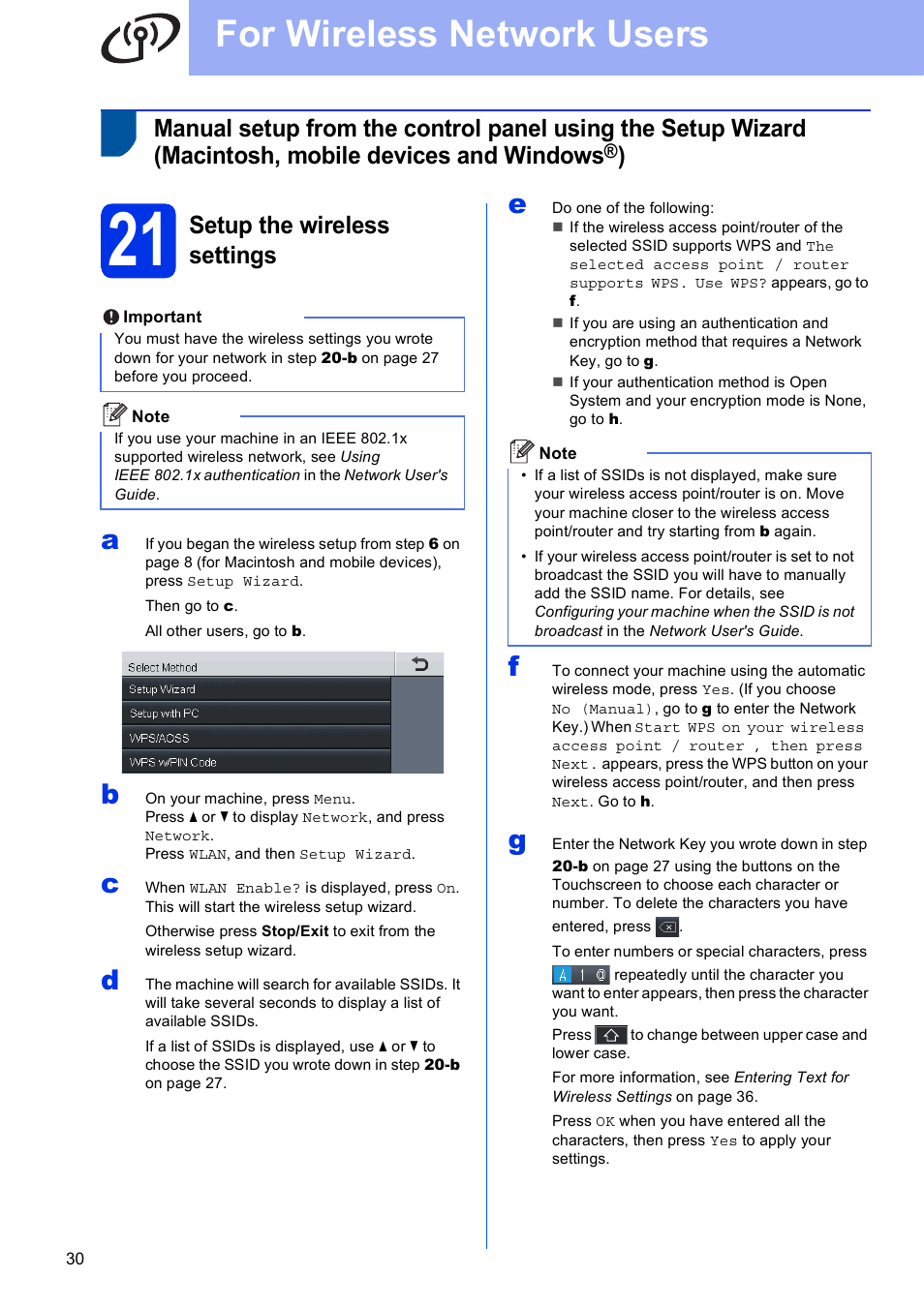 21 setup the wireless settings, For wireless network users, Setup the wireless settings | Brother MFC-8950DWT User Manual | Page 30 / 44