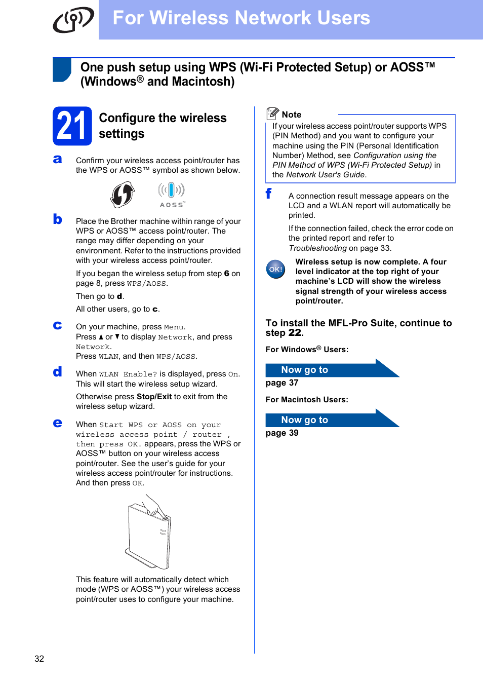 21 configure the wireless settings, For wireless network users, And macintosh) | Configure the wireless settings | Brother MFC-8950DWT User Manual | Page 32 / 44