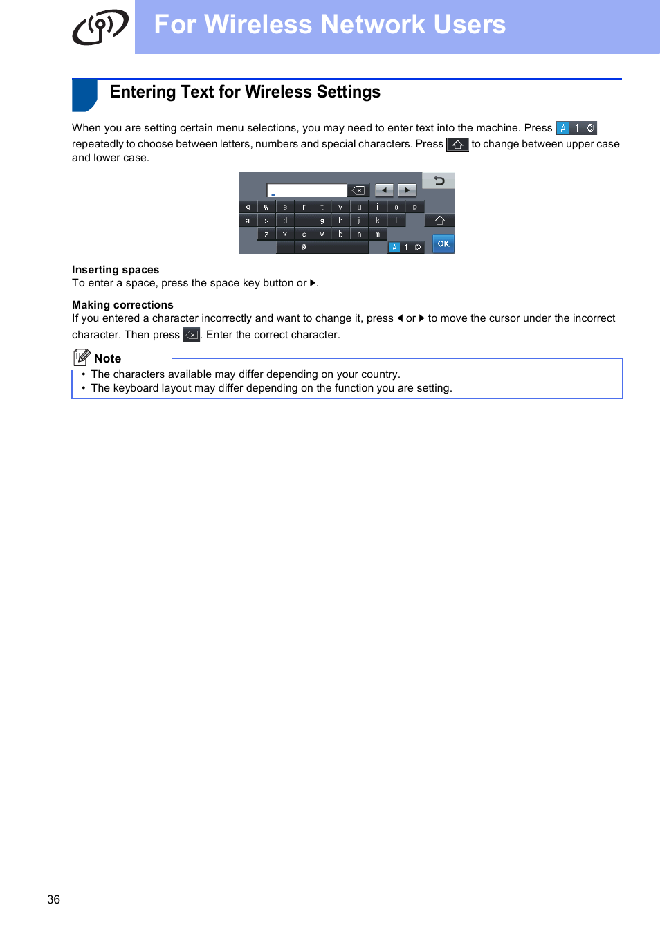 Entering text for wireless settings, For wireless network users | Brother MFC-8950DWT User Manual | Page 36 / 44