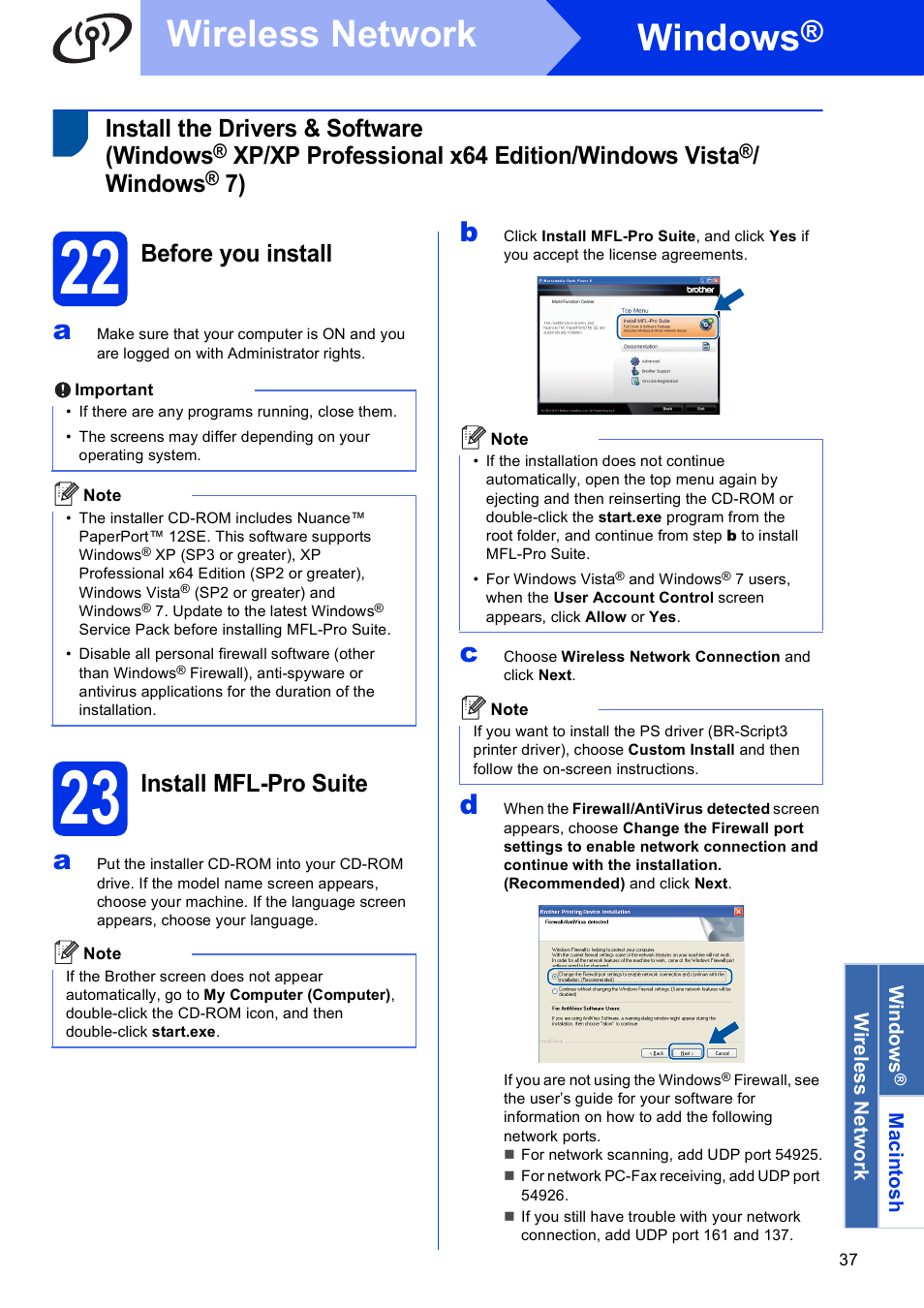 22 before you install, 23 install mfl-pro suite, 22 on pa | Windows, Wireless network, Install the drivers & software (windows, Xp/xp professional x64 edition/windows vista, Before you install, Install mfl-pro suite | Brother MFC-8950DWT User Manual | Page 37 / 44