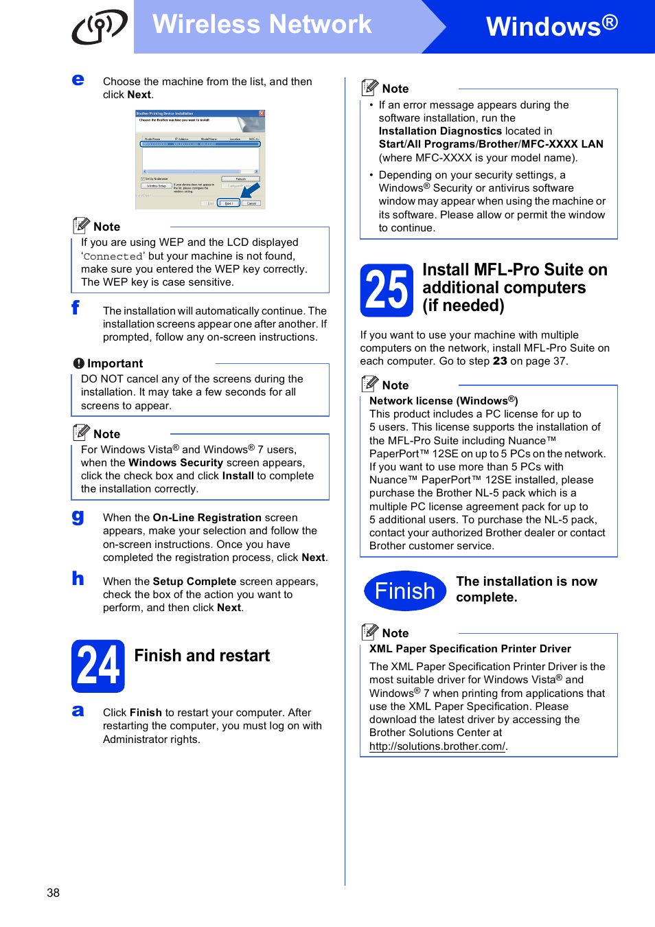 24 finish and restart, E on, Windows | Wireless network, Finish, Finish and restart | Brother MFC-8950DWT User Manual | Page 38 / 44