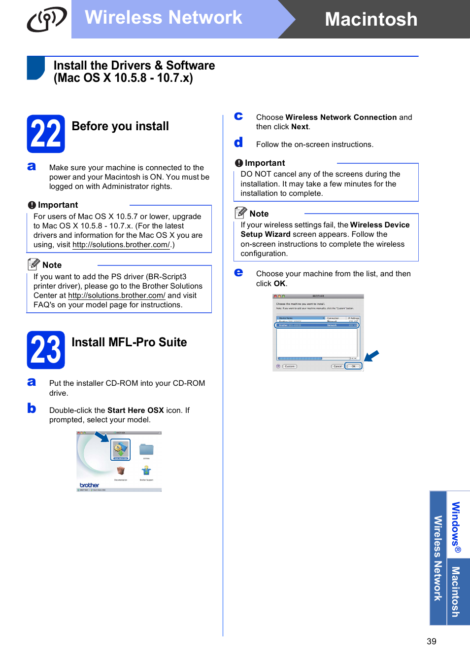 22 before you install, 23 install mfl-pro suite, 22 on pa | Macintosh wireless network | Brother MFC-8950DWT User Manual | Page 39 / 44