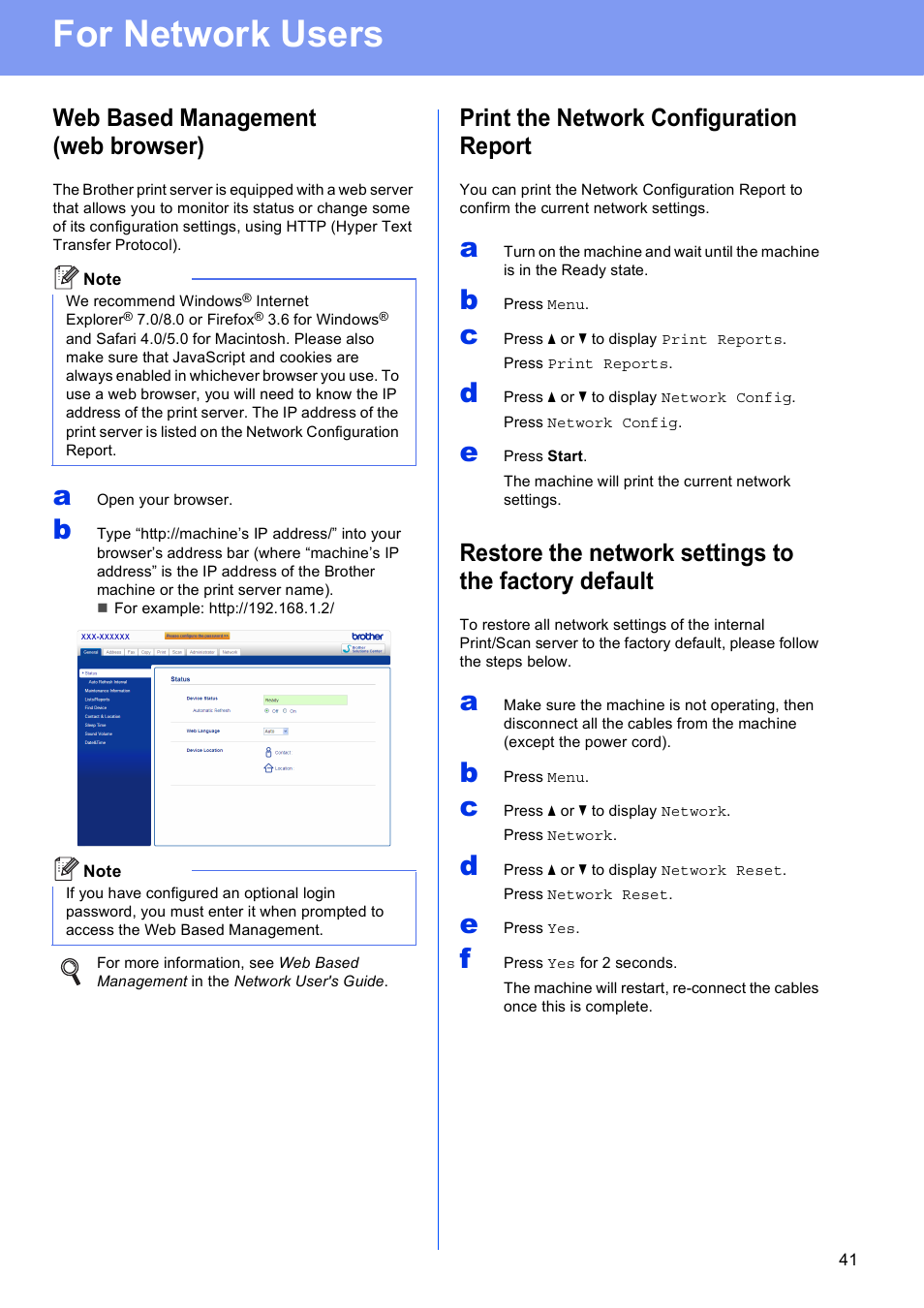 For network users, Web based management (web browser), Print the network configuration report | Brother MFC-8950DWT User Manual | Page 41 / 44