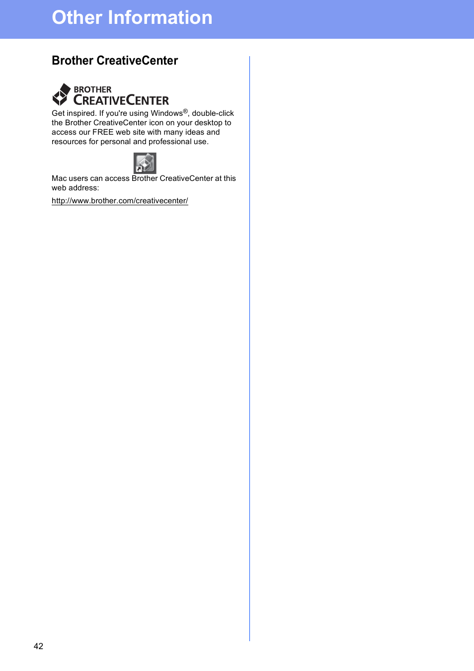 Other information, Brother creativecenter | Brother MFC-8950DWT User Manual | Page 42 / 44