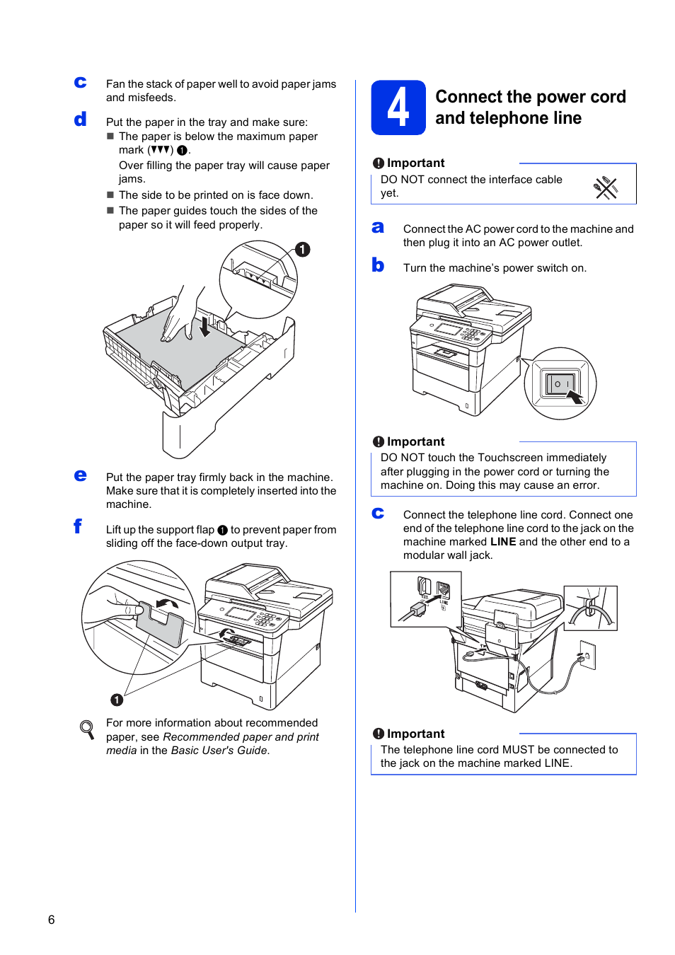 4 connect the power cord and telephone line, Connect the power cord and telephone line | Brother MFC-8950DWT User Manual | Page 6 / 44