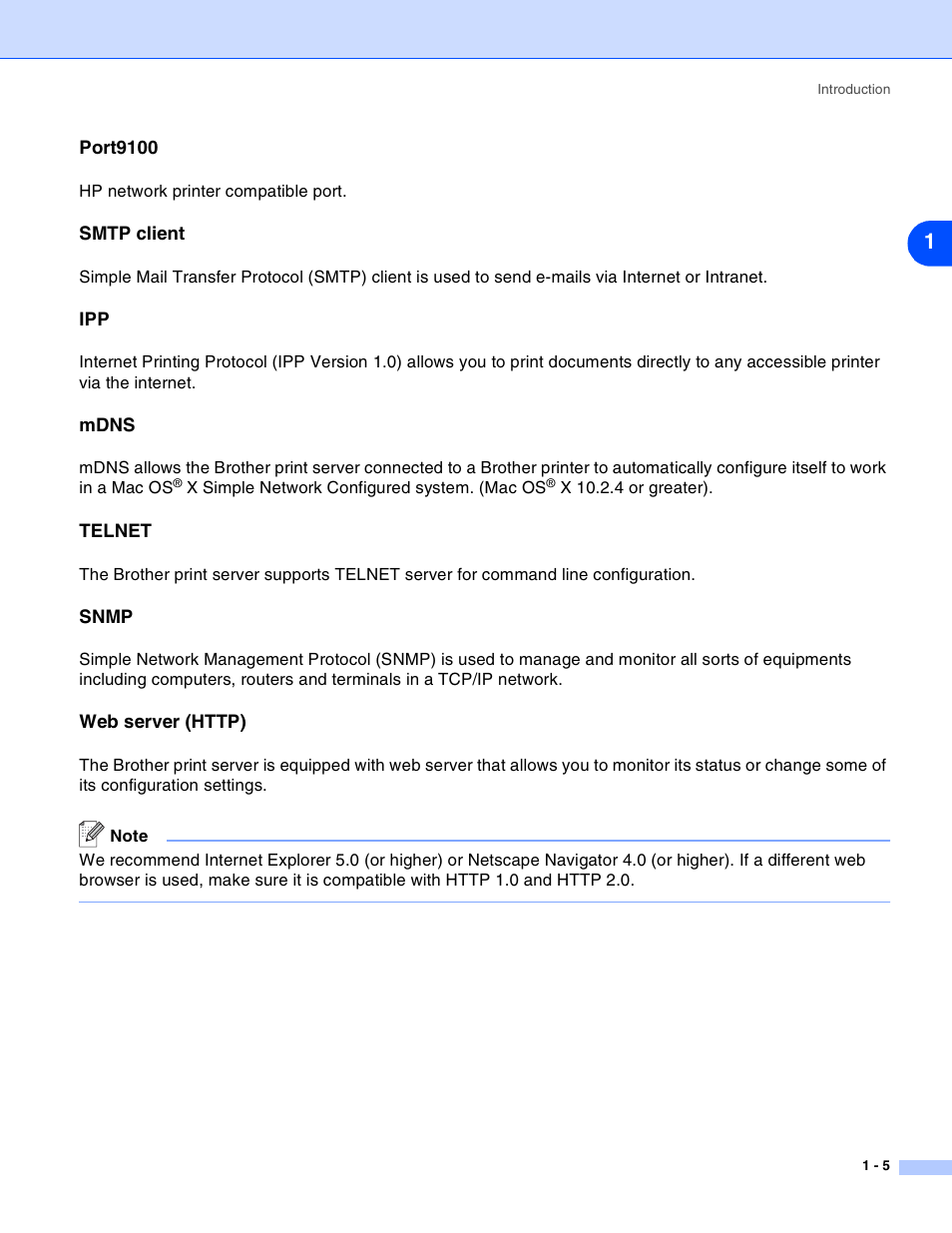 Port9100, Smtp client, Mdns | Telnet, Snmp, Web server (http) | Brother HL-2070N User Manual | Page 10 / 55