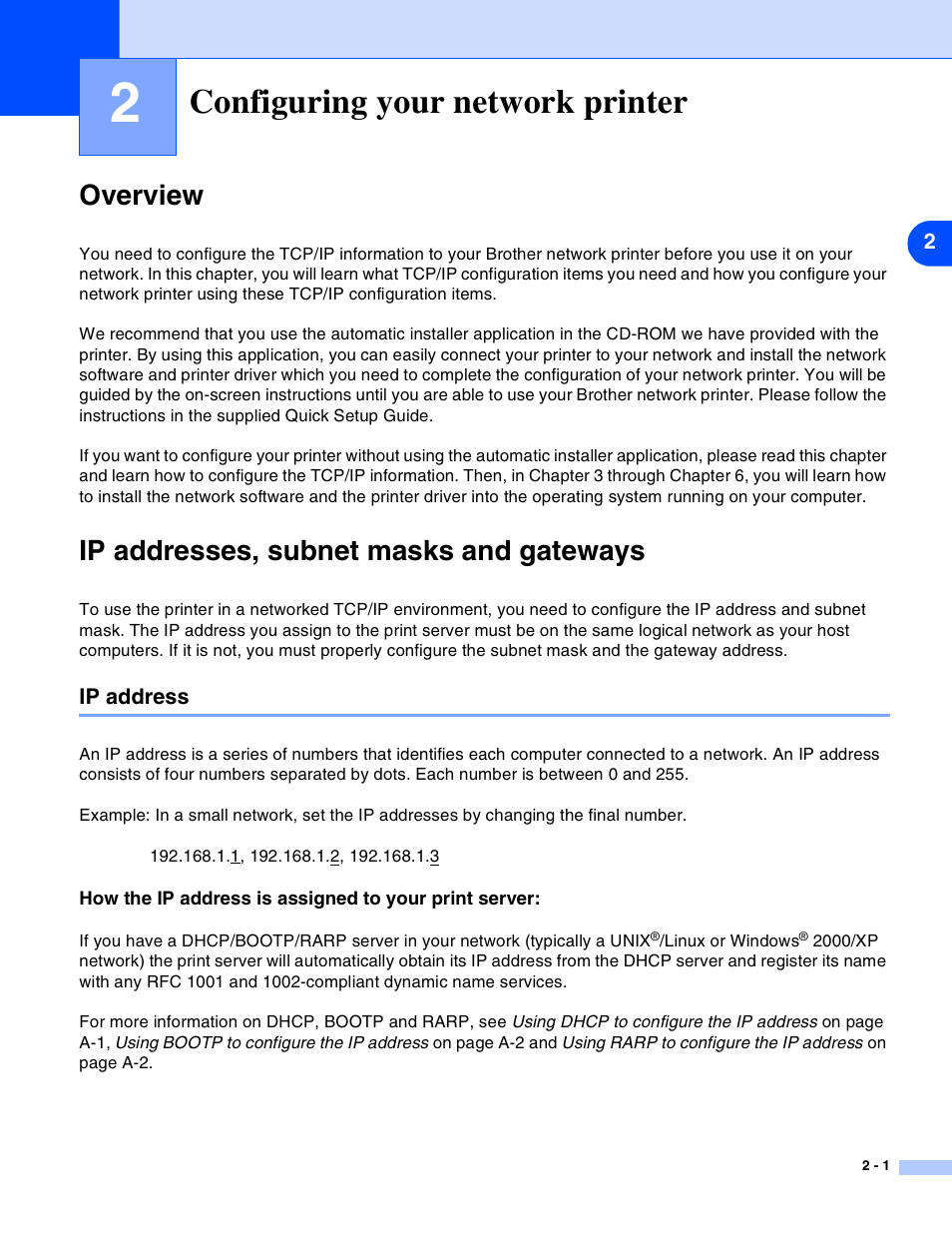 Configuring your network printer, Overview, Ip addresses, subnet masks and gateways | Ip address, Configuring your network printer -1, Ip address -1, Chapter 2 | Brother HL-2070N User Manual | Page 11 / 55
