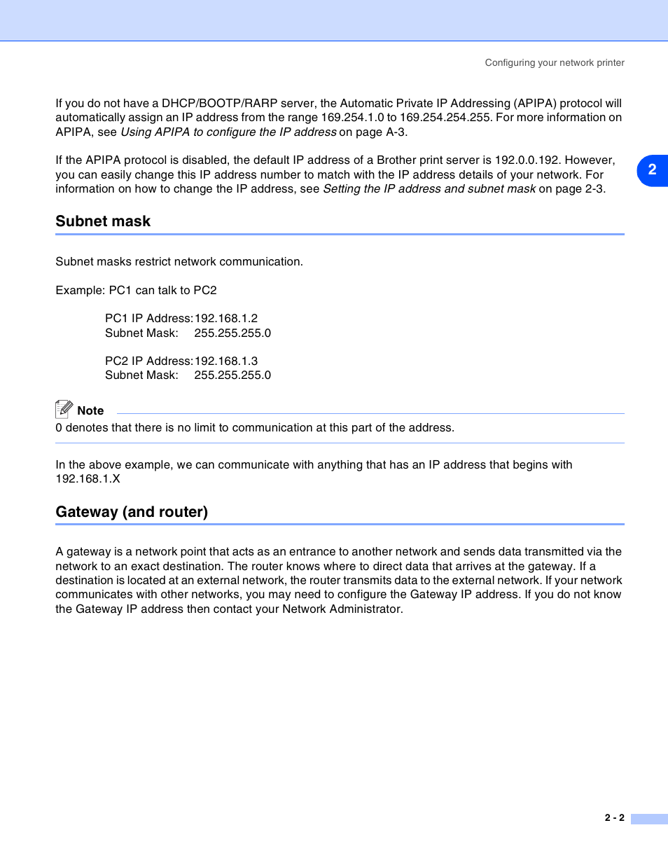 Subnet mask, Gateway (and router), Subnet mask -2 gateway (and router) -2 | Brother HL-2070N User Manual | Page 12 / 55