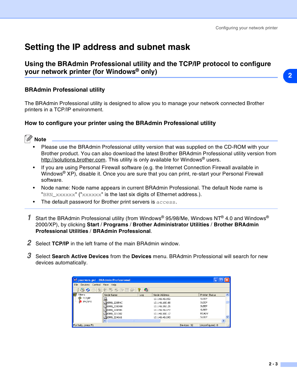 Setting the ip address and subnet mask, Bradmin professional utility, Setting the ip address and subnet mask -3 | Only) -3, Only) | Brother HL-2070N User Manual | Page 13 / 55