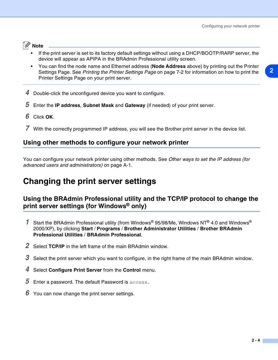 Changing the print server settings, Changing the print server settings -4, Only) -4 | Brother HL-2070N User Manual | Page 14 / 55