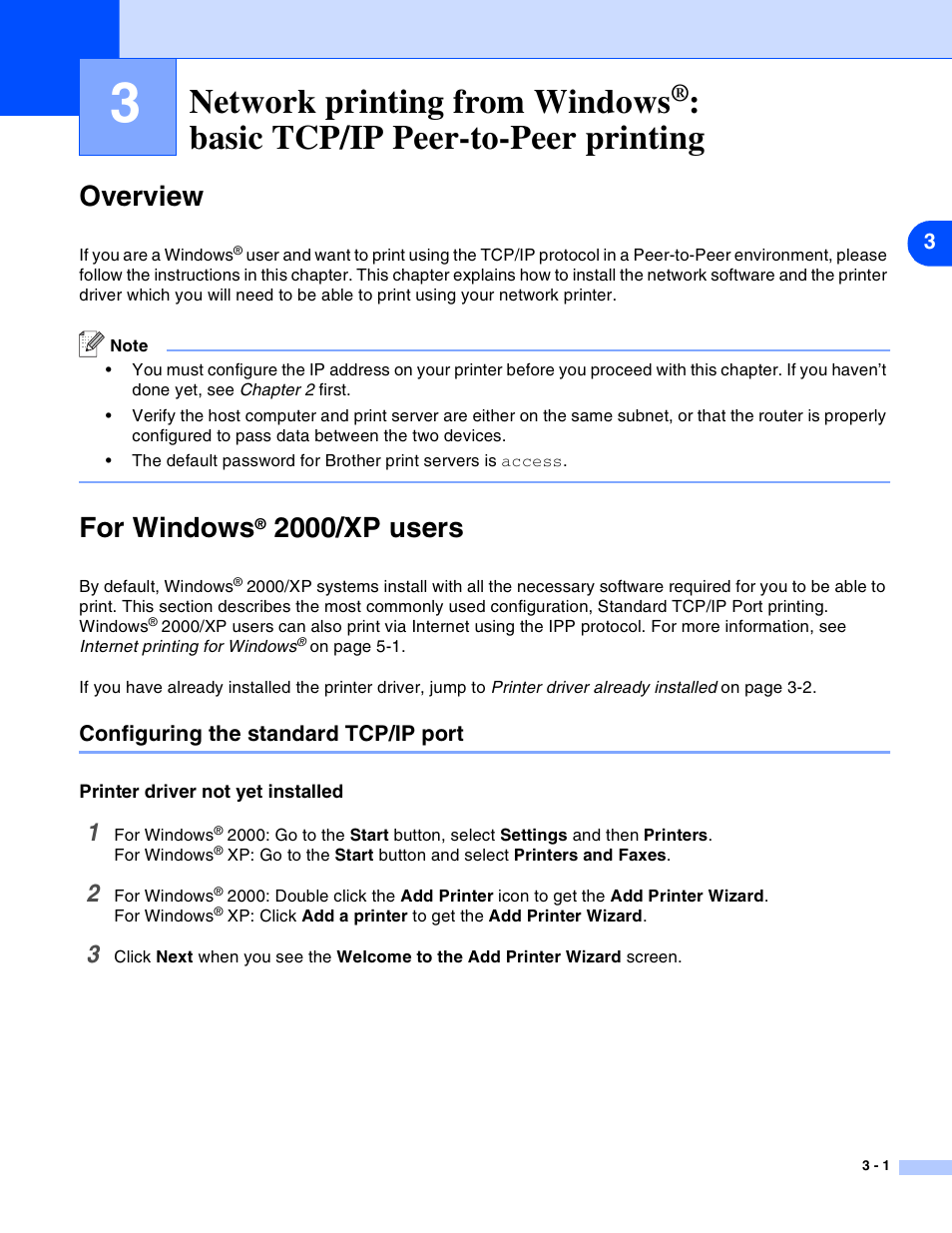 Overview, For windows® 2000/xp users, Configuring the standard tcp/ip port | Printer driver not yet installed, Network printing from windows, Basic tcp/ip peer-to-peer printing -1, Overview -1 for windows, 2000/xp users -1, Configuring the standard tcp/ip port -1, Printer driver not yet installed -1 | Brother HL-2070N User Manual | Page 16 / 55