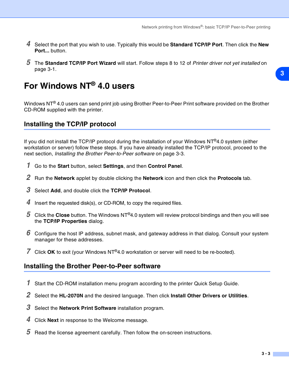 For windows nt® 4.0 users, Installing the tcp/ip protocol, Installing the brother peer-to-peer software | For windows nt, 0 users -3, Installing the tcp/ip protocol -3, Installing the brother peer-to-peer software -3, 0 users | Brother HL-2070N User Manual | Page 18 / 55