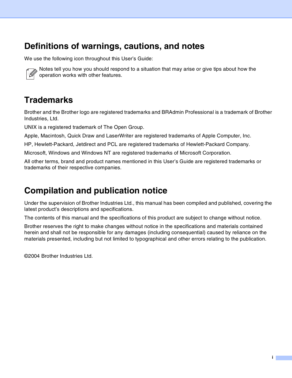 Trademarks, Compilation and publication notice | Brother HL-2070N User Manual | Page 2 / 55