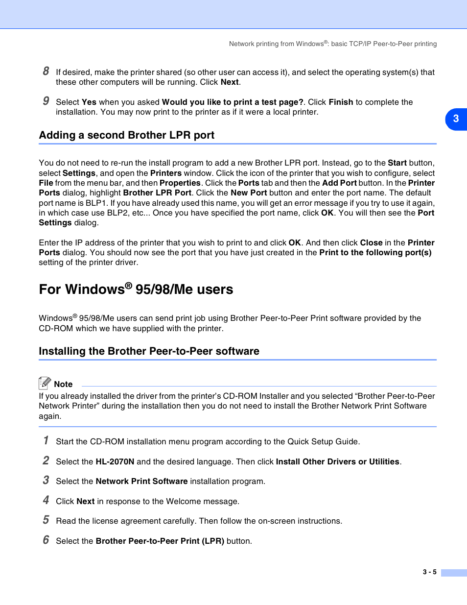 Adding a second brother lpr port, For windows® 95/98/me users, Installing the brother peer-to-peer software | Adding a second brother lpr port -5, For windows, 95/98/me users -5, Installing the brother peer-to-peer software -5, 95/98/me users | Brother HL-2070N User Manual | Page 20 / 55