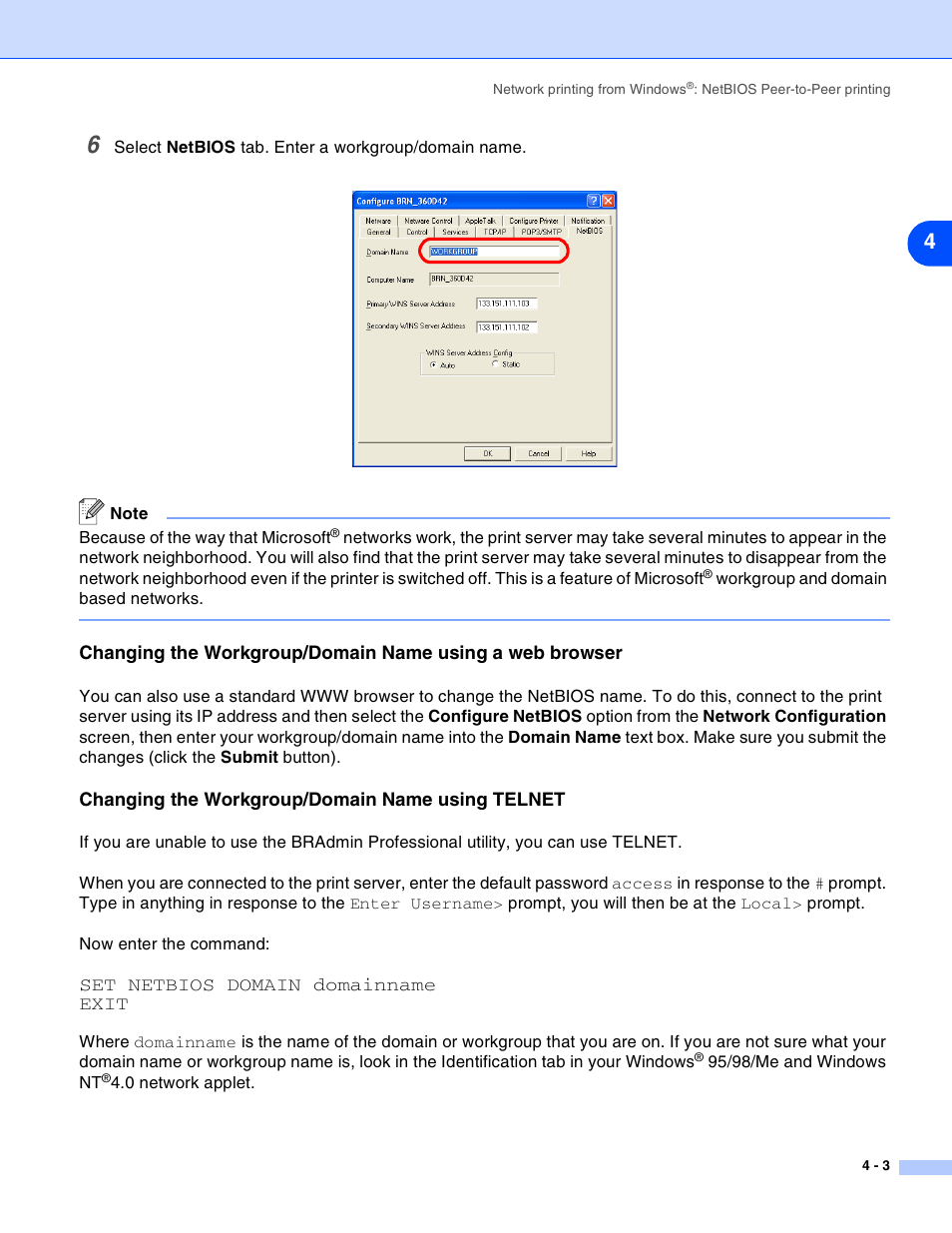 Changing the workgroup/domain name using telnet | Brother HL-2070N User Manual | Page 25 / 55