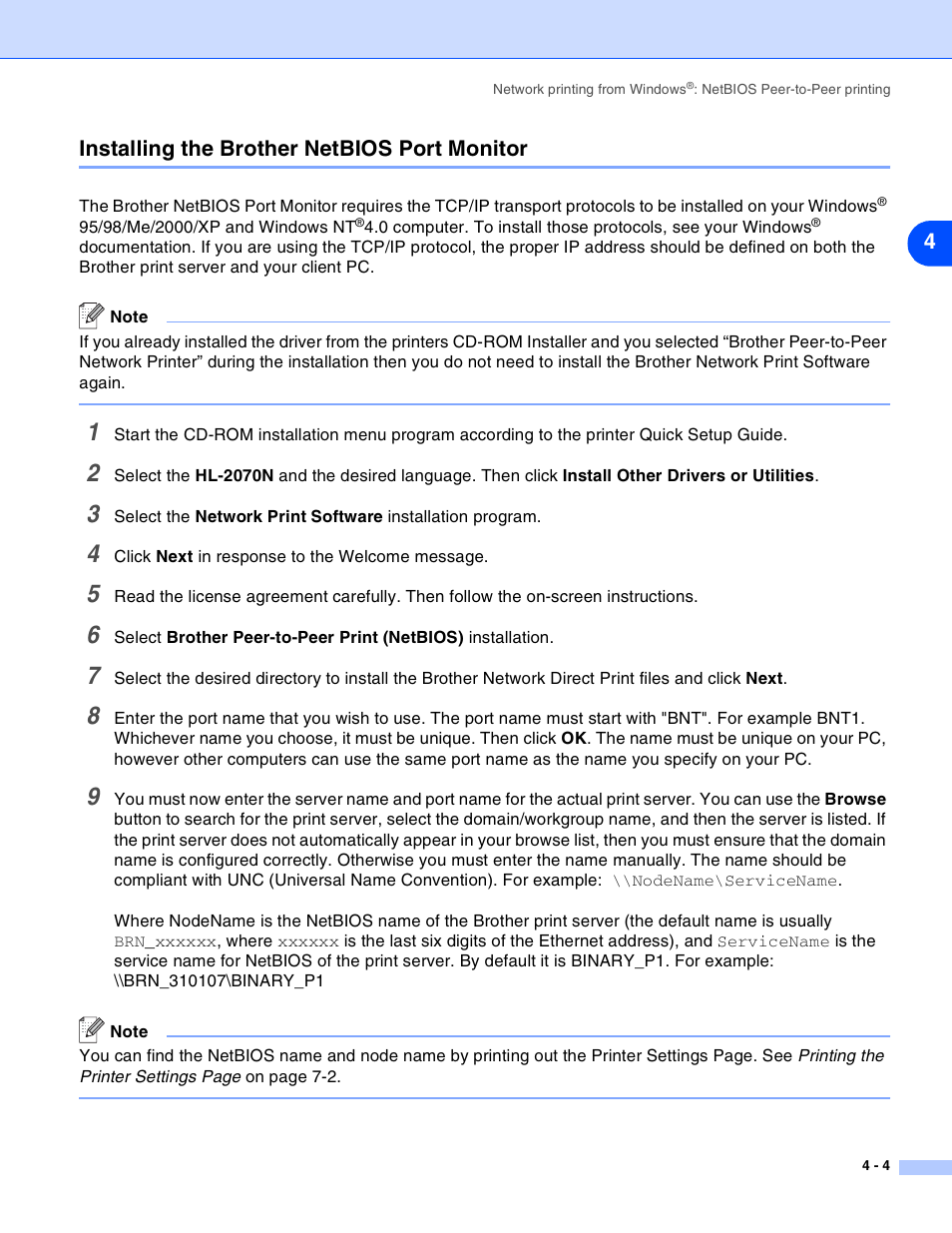 Installing the brother netbios port monitor, Installing the brother netbios port monitor -4, 4installing the brother netbios port monitor | Brother HL-2070N User Manual | Page 26 / 55