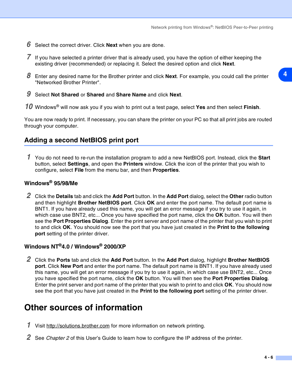 Adding a second netbios print port, Windows® 95/98/me, Windows nt®4.0 / windows® 2000/xp | Other sources of information, Adding a second netbios print port -6, Windows, 95/98/me -6, Windows nt, 0 / windows, 2000/xp -6 | Brother HL-2070N User Manual | Page 28 / 55