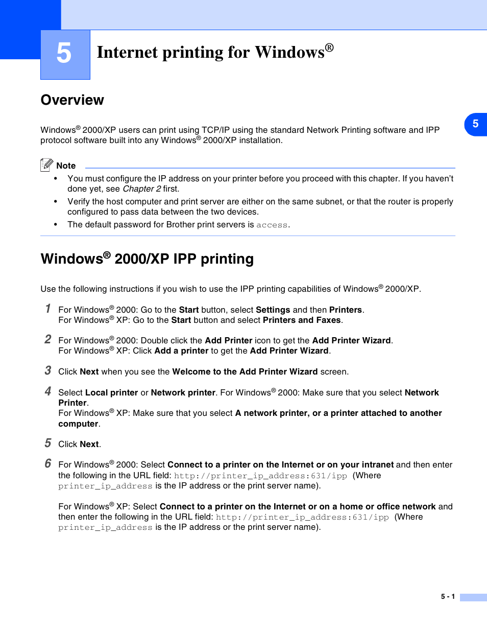 Internet printing for windows, Overview, Windows® 2000/xp ipp printing | Overview -1 windows, 2000/xp ipp printing -1, Chapter 5: internet printing for windows, Windows, 2000/xp ipp printing | Brother HL-2070N User Manual | Page 29 / 55
