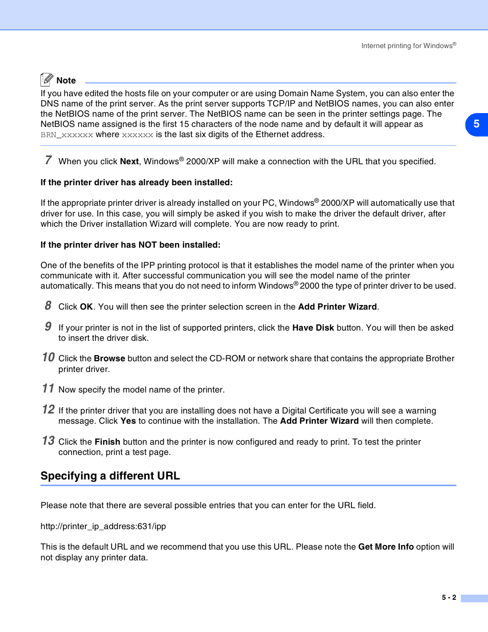Specifying a different url, Specifying a different url -2 | Brother HL-2070N User Manual | Page 30 / 55