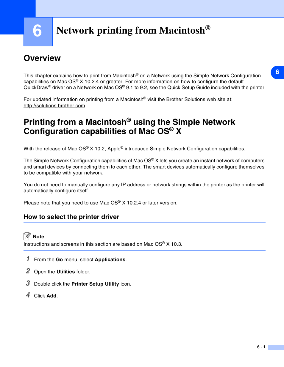 Network printing from macintosh, Overview, How to select the printer driver | Overview -1 printing from a macintosh, X -1, How to select the printer driver -1, Chapter 6: network printing from macintosh, Printing from a macintosh | Brother HL-2070N User Manual | Page 32 / 55