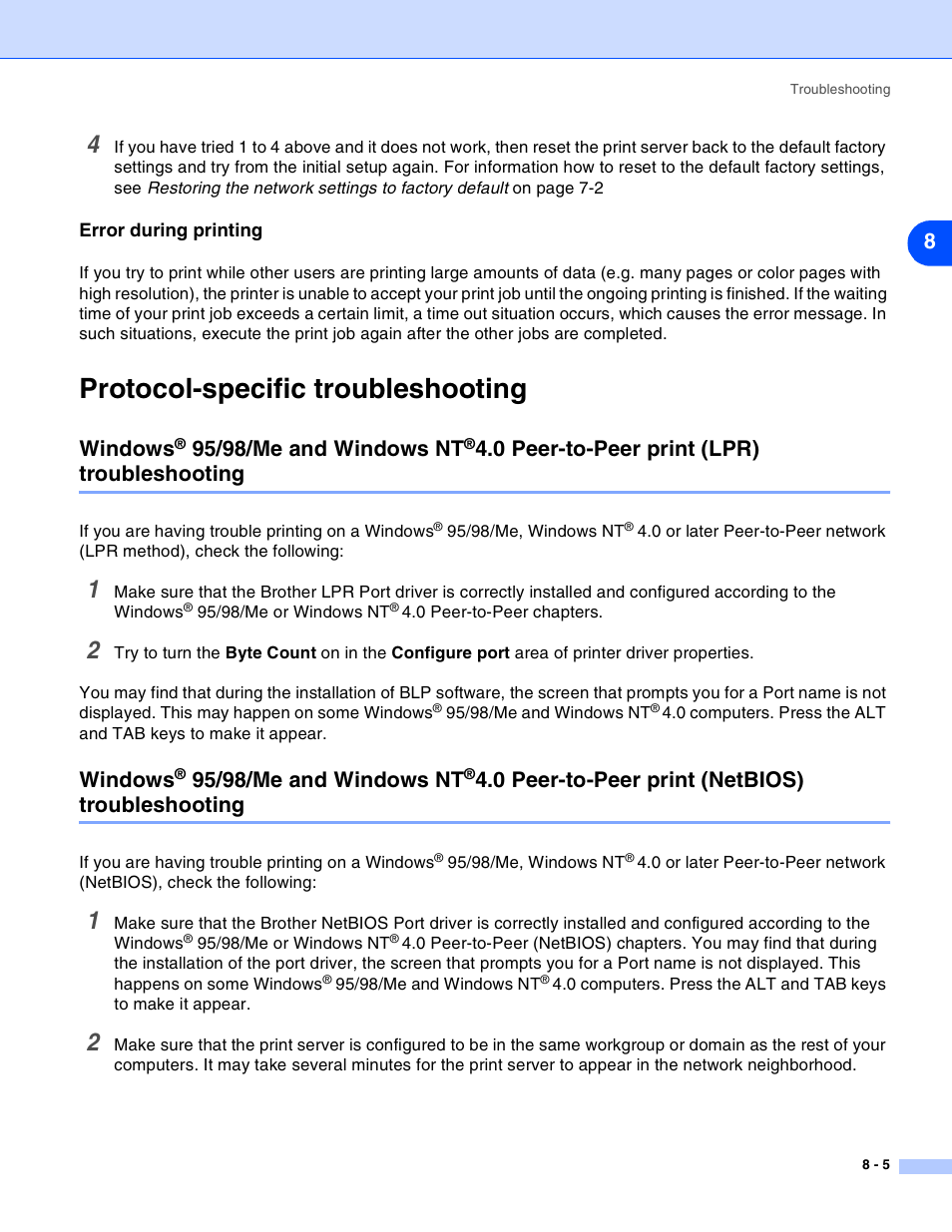 Error during printing, Protocol-specific troubleshooting, Error during printing -5 | Protocol-specific troubleshooting -5, Windows, 95/98/me and windows nt, 0 peer-to-peer print (lpr) troubleshooting -5, 0 peer-to-peer print (netbios) troubleshooting -5, Peer-to-peer print (lpr) troubleshooting, 0 peer-to-peer print (lpr) troubleshooting | Brother HL-2070N User Manual | Page 42 / 55