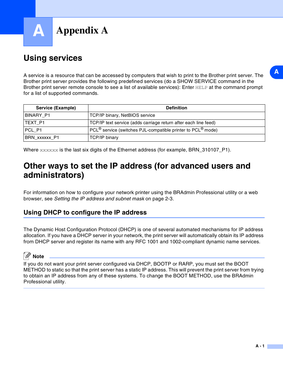 Appendix a, Using services, Using dhcp to configure the ip address | Brother HL-2070N User Manual | Page 44 / 55