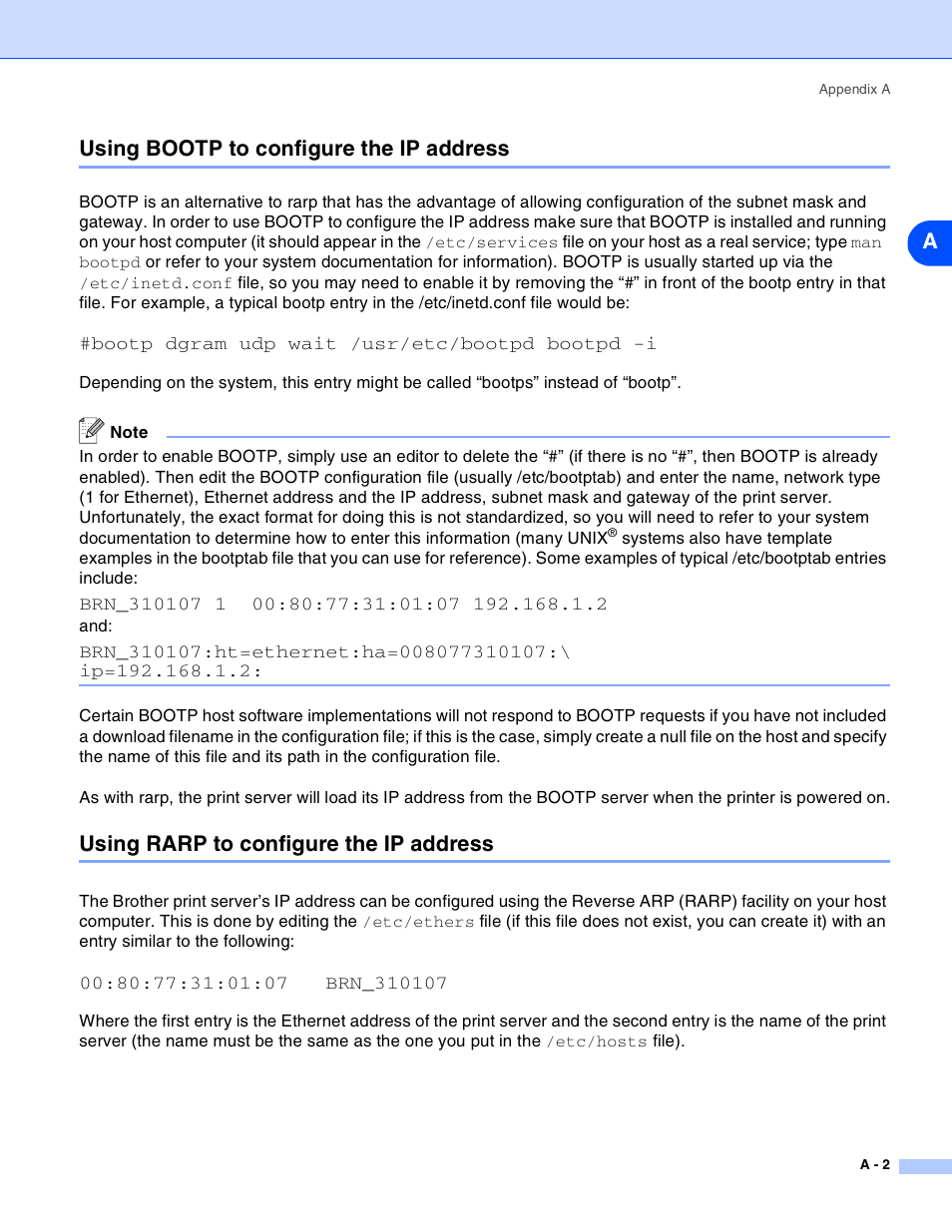 Using bootp to configure the ip address, Using rarp to configure the ip address, Ausing bootp to configure the ip address | Brother HL-2070N User Manual | Page 45 / 55
