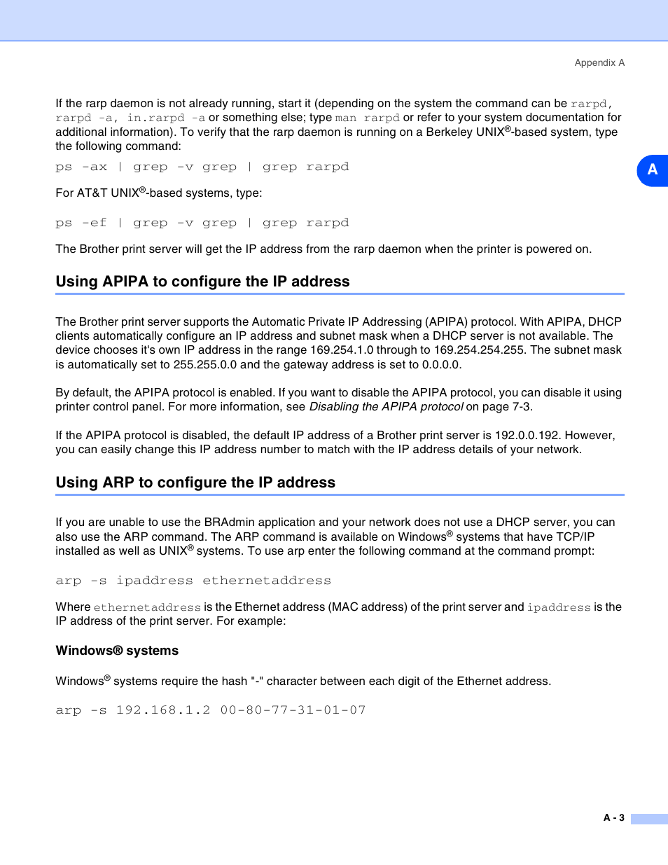 Using apipa to configure the ip address, Using arp to configure the ip address, Windows® systems | Brother HL-2070N User Manual | Page 46 / 55