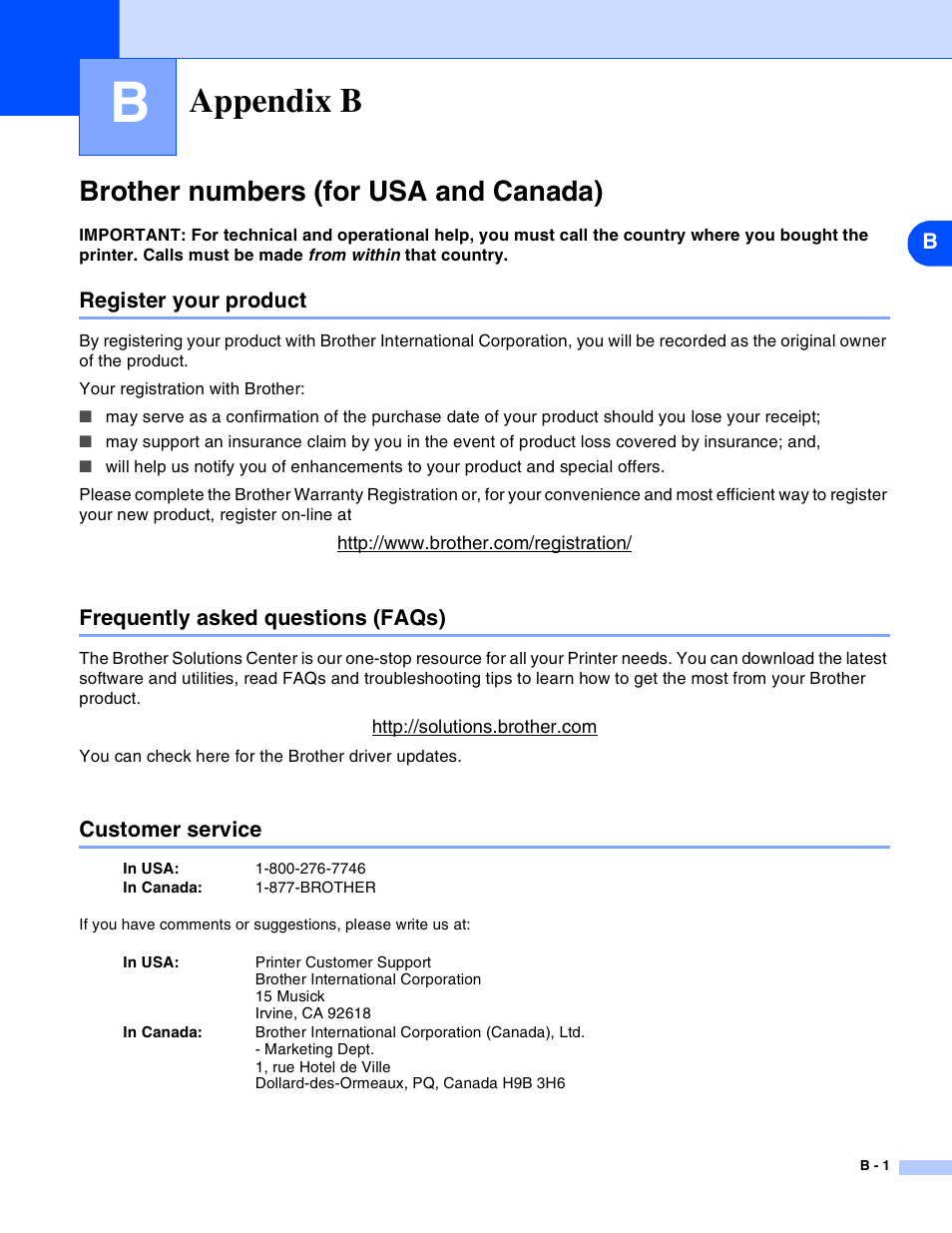 Appendix b, Brother numbers (for usa and canada), Register your product | Frequently asked questions (faqs), Customer service | Brother HL-2070N User Manual | Page 50 / 55