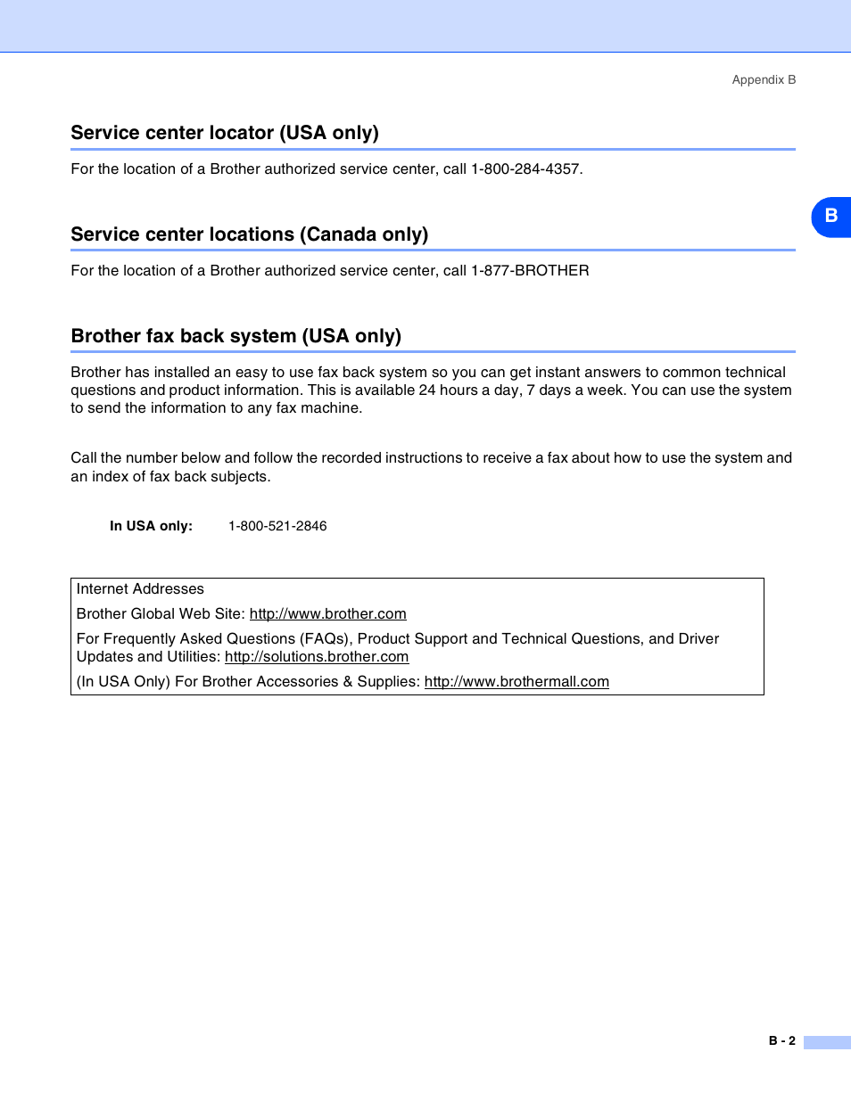 Service center locator (usa only), Service center locations (canada only), Brother fax back system (usa only) | Bservice center locator (usa only) | Brother HL-2070N User Manual | Page 51 / 55