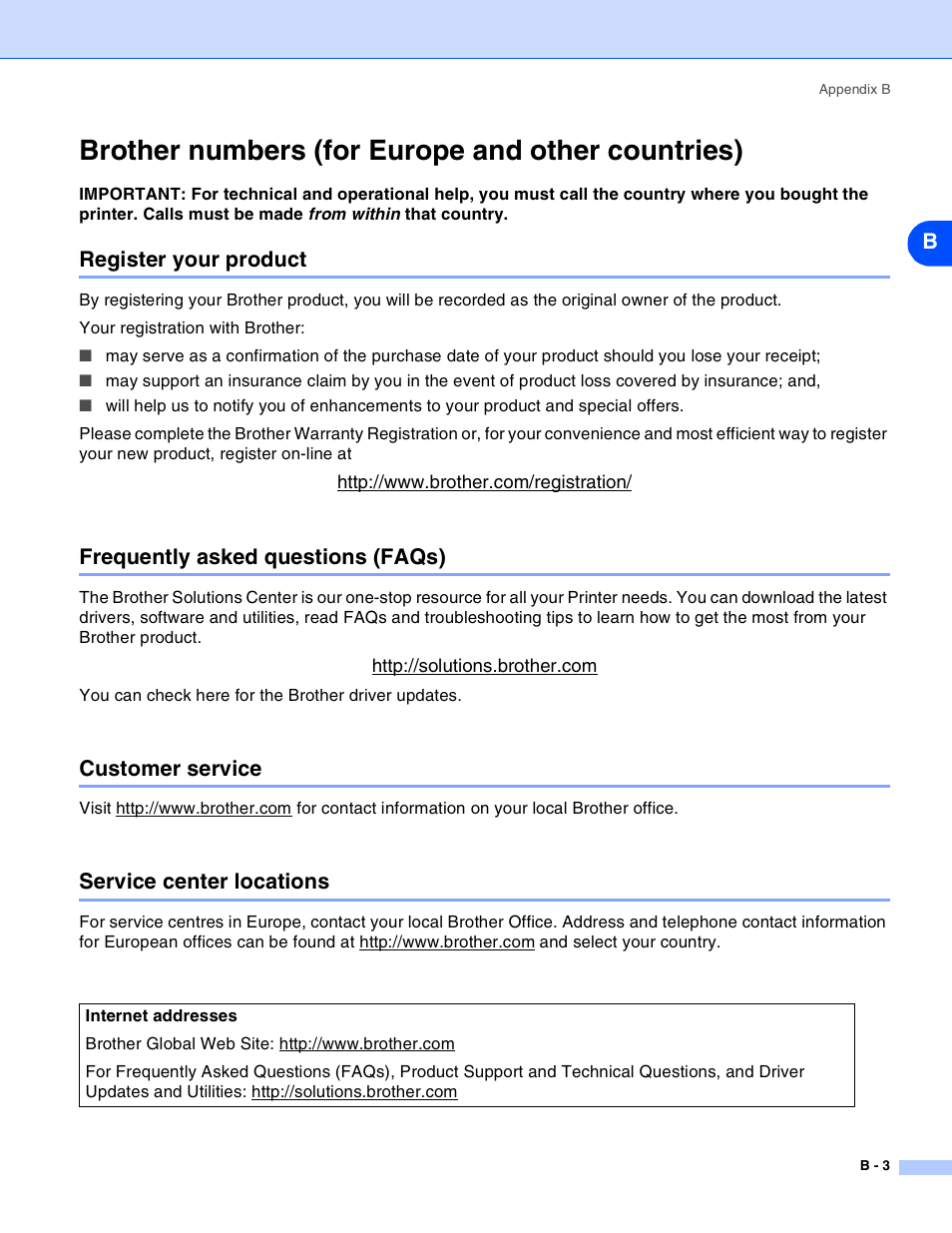 Brother numbers (for europe and other countries), Register your product, Frequently asked questions (faqs) | Customer service, Service center locations | Brother HL-2070N User Manual | Page 52 / 55
