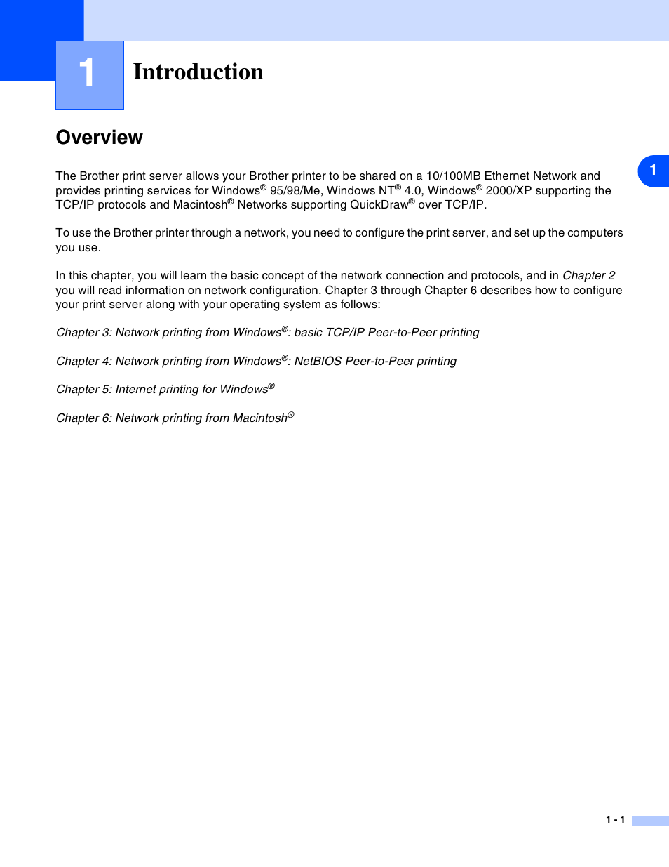 Introduction, Overview, Introduction -1 | Overview -1 | Brother HL-2070N User Manual | Page 6 / 55