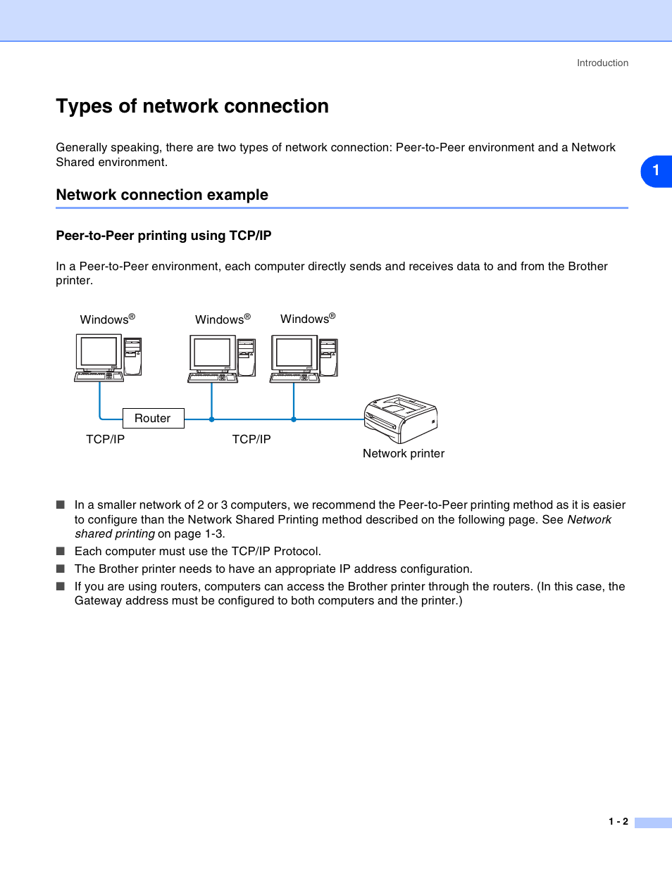 Types of network connection, Network connection example, Peer-to-peer printing using tcp/ip | Types of network connection -2, Network connection example -2, Peer-to-peer printing using tcp/ip -2 | Brother HL-2070N User Manual | Page 7 / 55