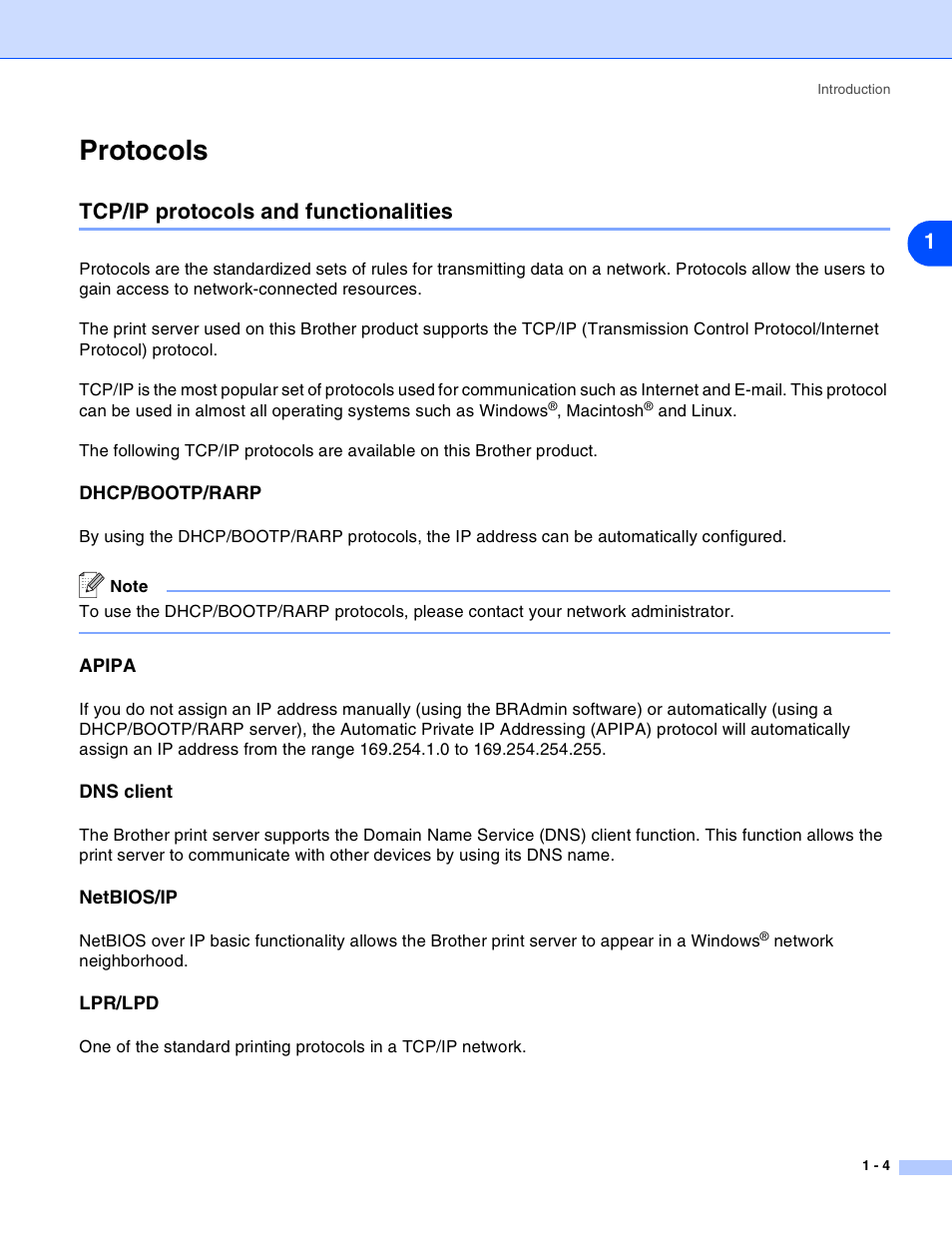 Protocols, Tcp/ip protocols and functionalities, Dhcp/bootp/rarp | Apipa, Dns client, Netbios/ip, Lpr/lpd, Protocols -4, Tcp/ip protocols and functionalities -4 | Brother HL-2070N User Manual | Page 9 / 55